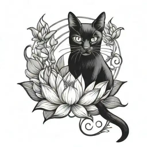 Black Cat And Lotus Under Cat