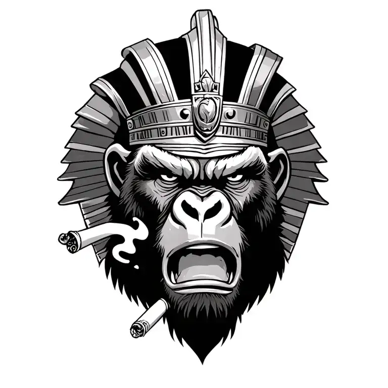 Crowned Angry Gorilla On Egyptian Armor Smoking Cigarette