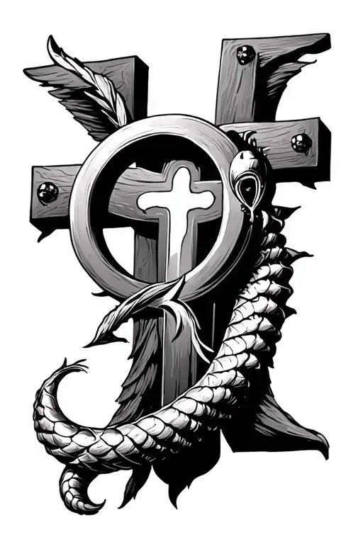 Circle Shaped Ouroboras On A Christian Cross