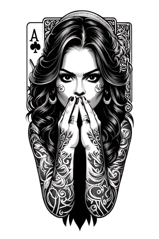 Chicano Girl Shushing With Ace Cards
