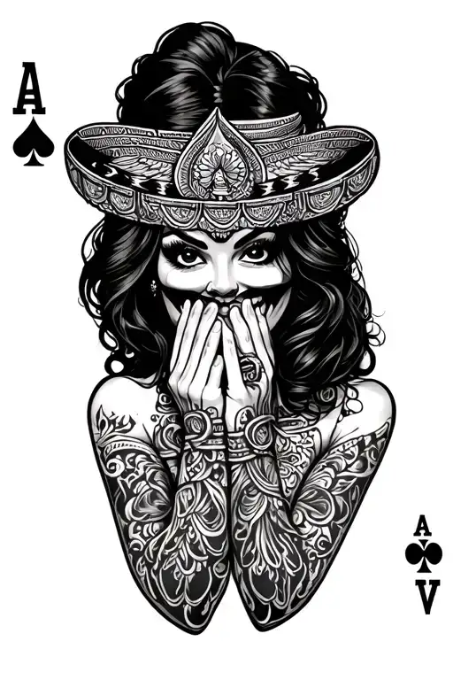 Chicano Girl Shushing With Ace Cards Forming The Shape