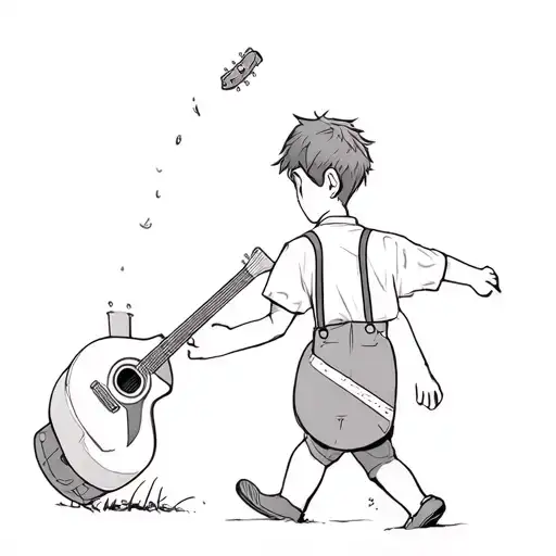 Boy Walking Away Wearing A Shirt And Suspenders Wearing A Guitar On His Back