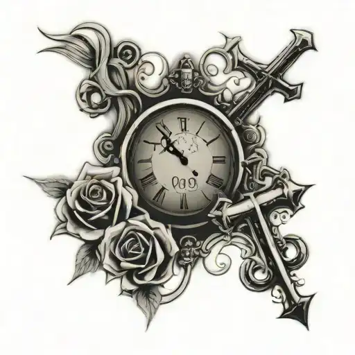 Crosses With 090208 With May Written In Cursive With A Clock At The Top