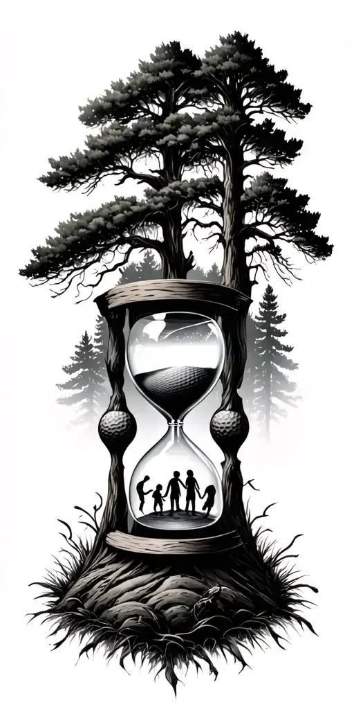 Forest And Family Tree And Hour Glass Father With 3 Kids And Golf And