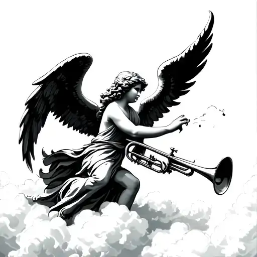 Angel With Trumpet Blowing On Clouds