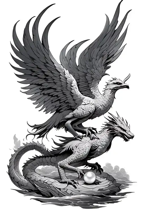 Phoenix With Deployed Wings And Dragon Protecting A Pearl