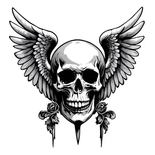 Skull With Downturned Angel Wings In Gothic And Victorian Style