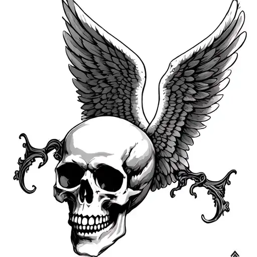 Skull With Downturned Angel Wings In Gothic And Victorian Style