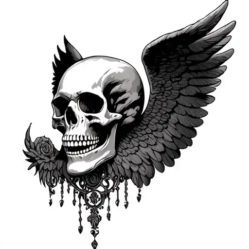 Skull With Downturned Angel Wings In Gothic And Victorian Style
