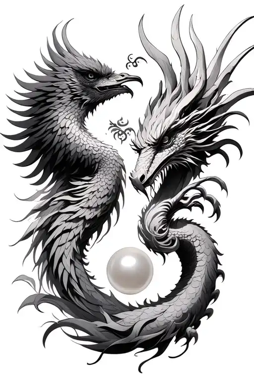 Phoenix And Dragon Face To Face With A Pearl Between Them