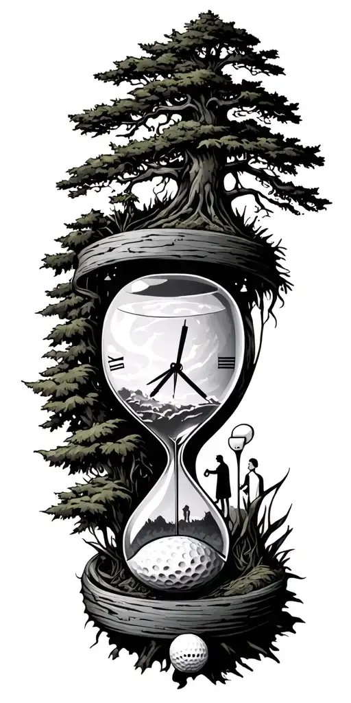 Golf Hole And Trees And Hour Glass And Family