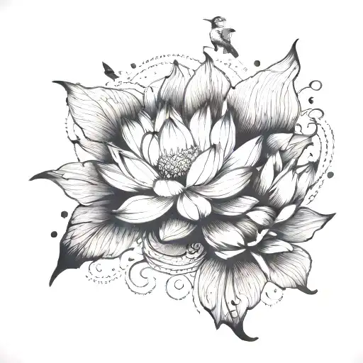 Lotus And Birds Flying Away