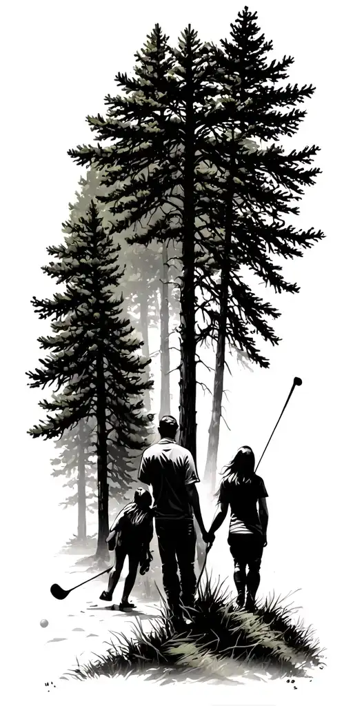 Pine Forest And Father Mother Daughter Son Daughter And Golf Green