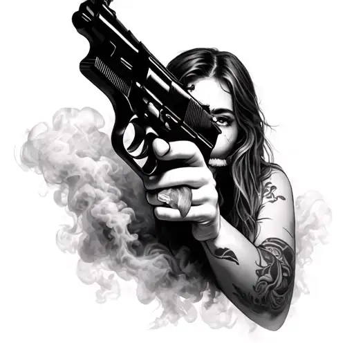A Girl Licking A Gun With Her Tongue Surrounded By Smoke