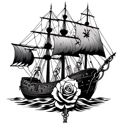 Ship Ruder With Compass And Chains With A Rose