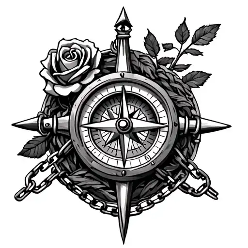 Rudder With Compass And Chains With A Rose