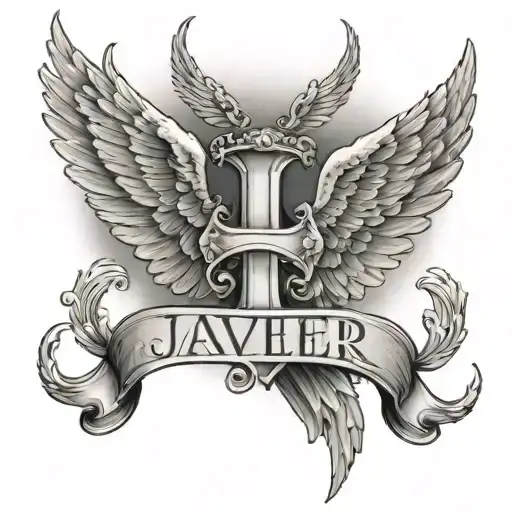 Two Angel Wings And In The Center Of The Wings The Name Of Javier In Crossed Letters