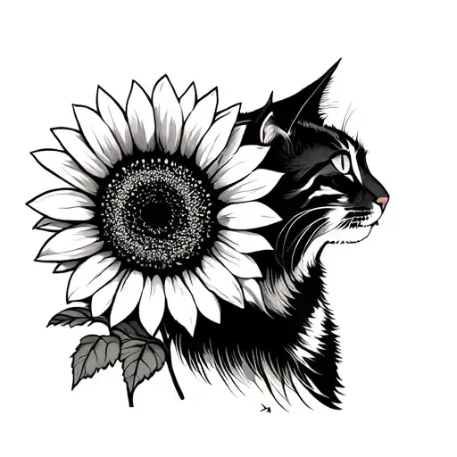 Against The Background Of The Flourishing Sunflower And The Cat In The Profile On The Side