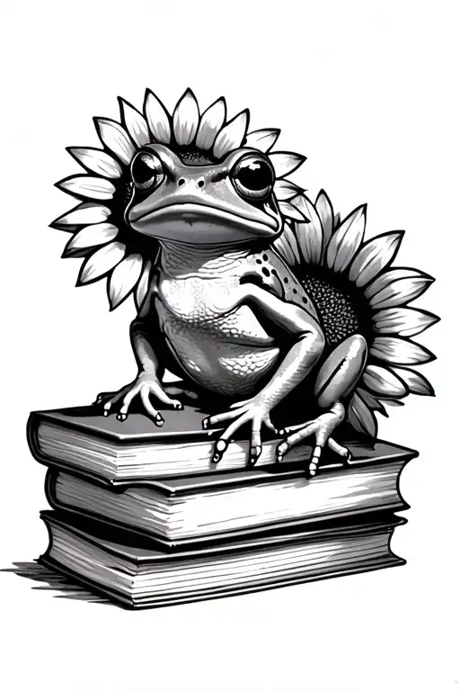 Cute Frog Under Sunflower And Sitting On Books