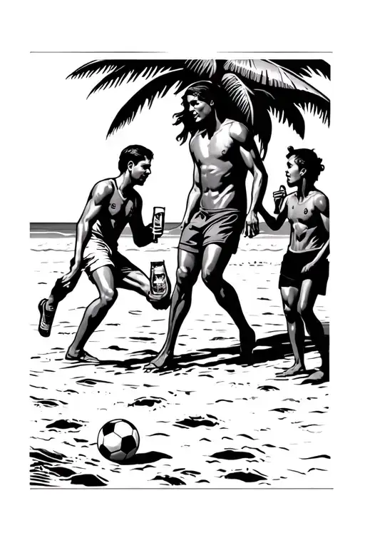 Playing Soccer With Friends And Drink A Beer On Beach