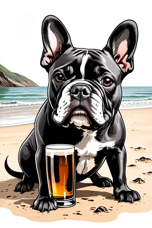 French Bulldog Playing At The Beach And Having A Beer With Friends