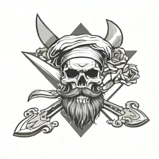 Chef Skull With Beard Knives Crossed Together And A Rose