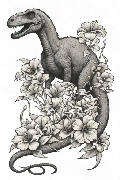 Diplodocus Dinosaur Surrounded By Poppies And Lilies