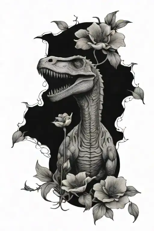 Femine Design Of A Trisaratop Dinosaur Surrounded By Poppies And Lilies