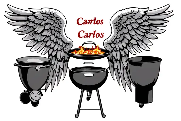 Name Carlos Infront Of Bbq Grill With Angel Wings On Each Side