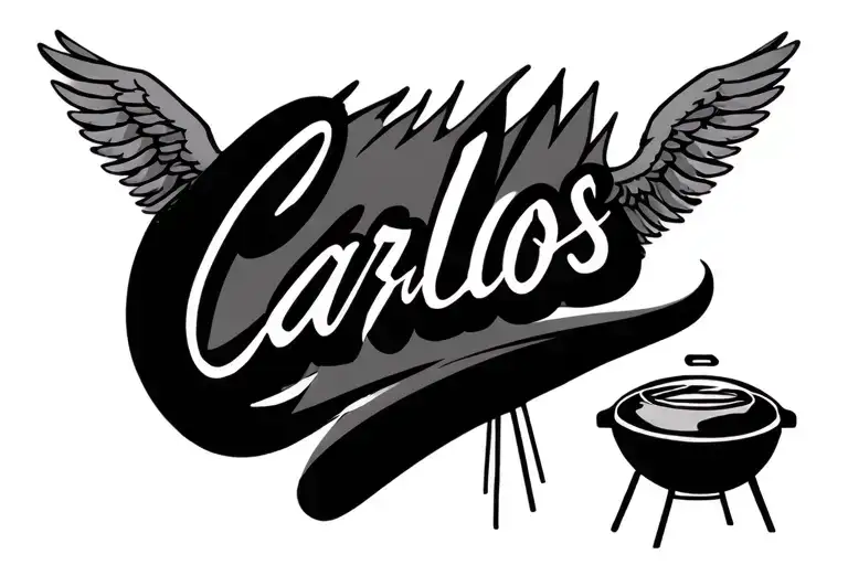 Name Carlos Infront Of Bbq Grill With Angel Wings On Each Side