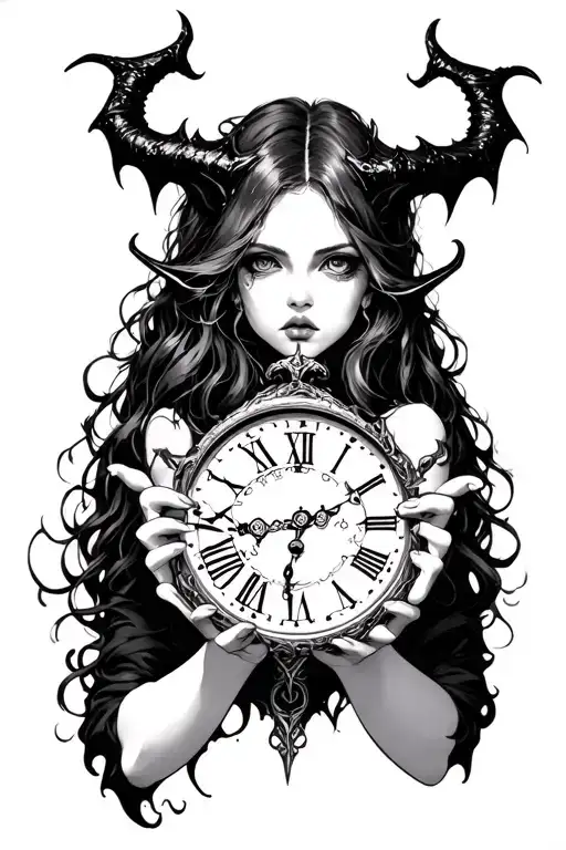 Demon Girl Holding A Clock