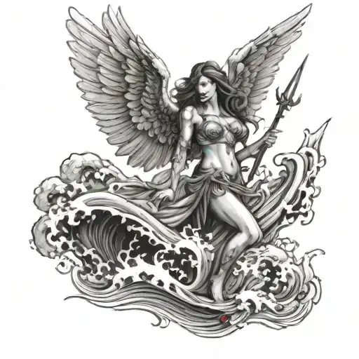 Female Angel Warrior Standing Tall Amidst Crashing Waves