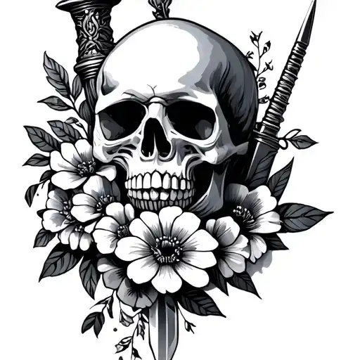 Skull And Dagger Tattoo With Flowers