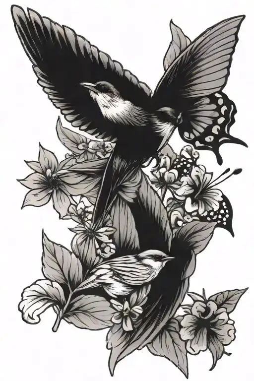 Swallow And Butterfly And Olive Branch And 4 Leaf Clover