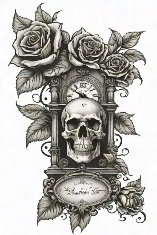 Momento Mori Banner Over Grandfather Clock With Skull And Roses