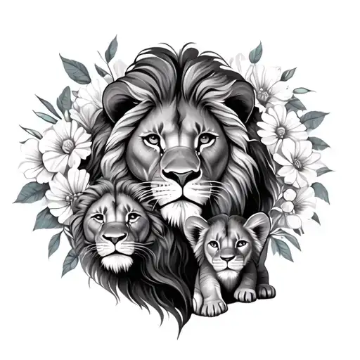 Lion And Baby Lion With Flowers