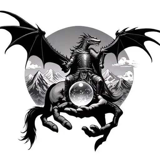 Dragon Flying Over Mountains A Knight On A Horse And A Pair Of Hands Holding A Crystal Ball
