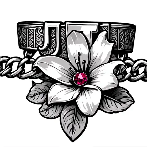 Charm Bracelet Wrist Tattoo With Lily Flower Ruby Stone And The Letter J