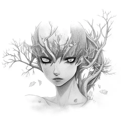 Tree Nymph Hidden As Tree Trunk With Branches And Leaves As Hair