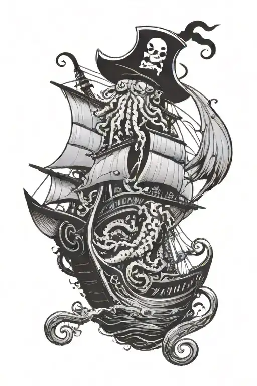 Cthulu With A Pirate Ship Sailing