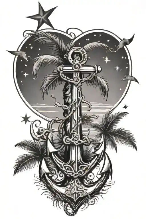 Palm Tree And Anchor With Stars In Sky