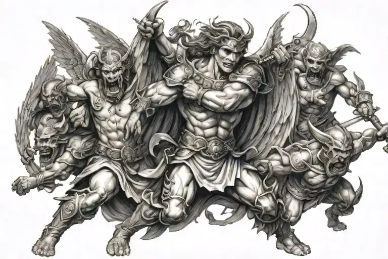 Angel Warrior Fighting A Group Of Demons Engaged