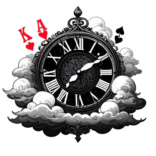 Clock Playing Card And Clouds