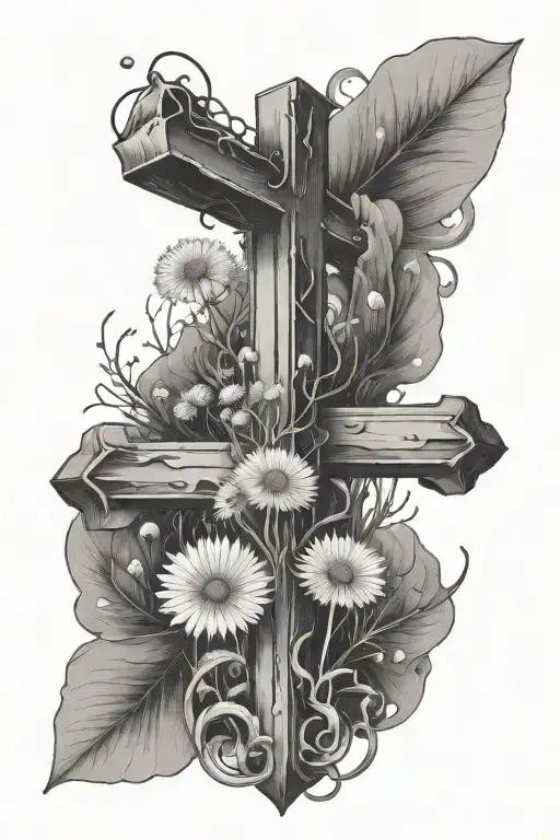 Cross Surrounded By Dandelion And Mushroom
