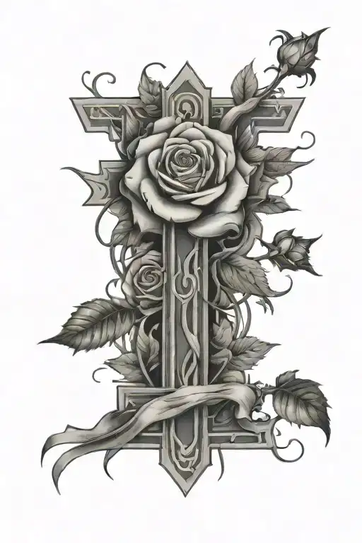 A Christian Cross With Roses Blooming Wrapped Around