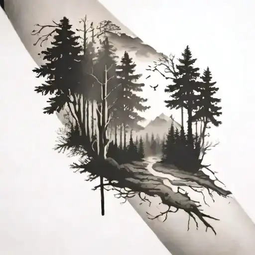 A Serene Forest Landscape With A Hidden Cross Among The Trees