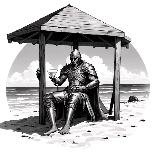 Solaire From Dark Souls On A Beach Drinking A Cocktail Under A Cabana