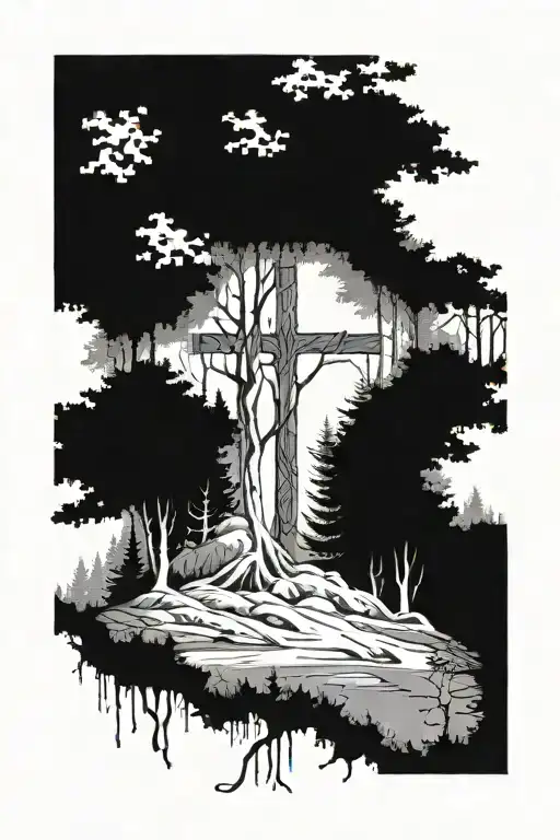 A Serene Forest With A Hidden Cross Among The Trees