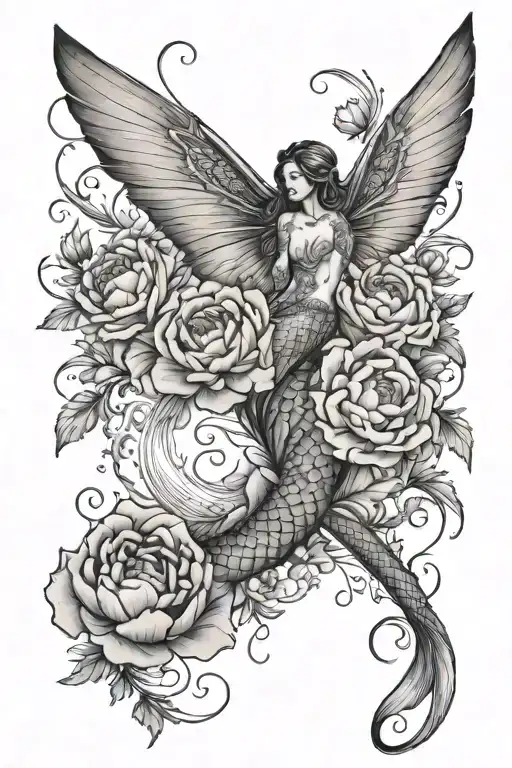 Mermaid Tail Diving Into Water Surrounded By Peonies And Dragonflies