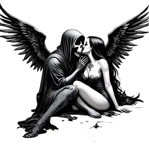 Decayed Grim Reaper Kissing Women Sitting